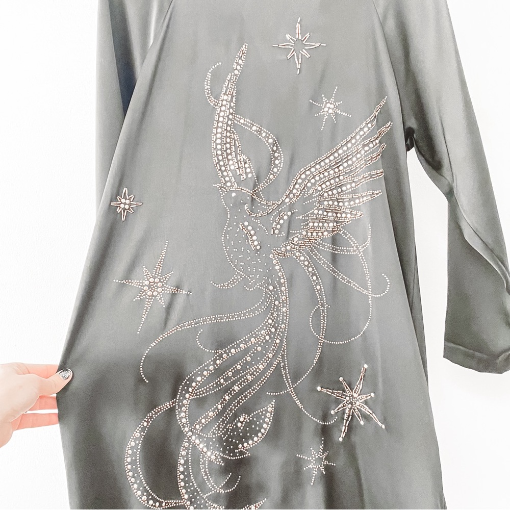 H&M Celetsial Bird Embellished Fall NYE Chic Long Sleeve Casual Satin Mini Dress - Picture 4 of 8